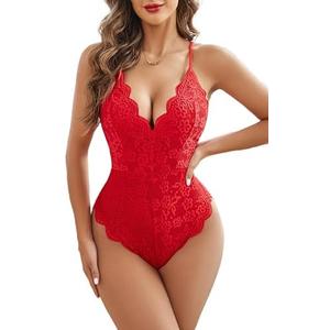 Avidlove Women One Piece Lingerie Deep V Teddy Sexy Lace Bodysuit Snap Crotch Babydoll, Red, XL