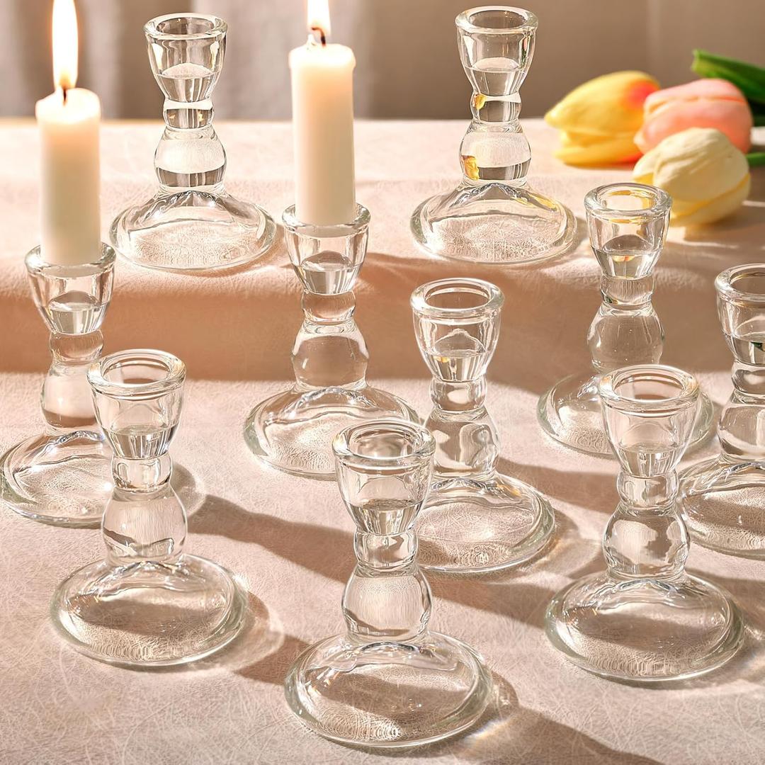 Lanttu 24 Pcs Candlestick Holders Bulk, 2.56 x 3.55in Clear Taper Candle Holders, Glass Candle Holders Set for Wedding Table, Party, Windowsill Decor