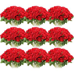 Jexine 100 Pieces Artificial Roses Flowers Bulk, Long Stem Realistic Fake Silk Roses Bouquet for Table Centerpiece Vases Wedding Party Home Kitchen Decor (Red)