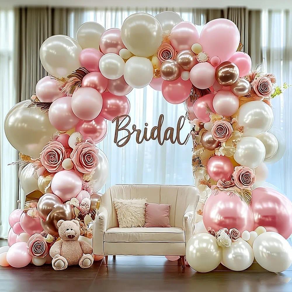 Pink White Balloon Garland Double Stuffed, Pastel Pearl Pink Champagne Gold White Sand Balloon Arch Kit for Birthday Baby Shower Bridal Shower Wedding First Communion Graduation Party Decorations