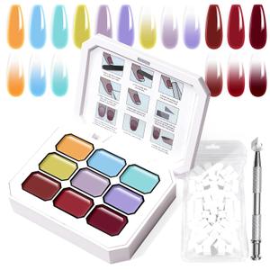 Gradient Painting Gel, 9 Colors Ombre Gel Nail Polish with 100Pcs Nail Sponges & 4 Claws Metal Grabber, Sponging for Ombre Nails Aura Nails, French Manicure DIY Nail Art (02) (Beachsise Candy Set)