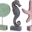 3pcs Wood Handmade Beach Nautical Style Figurines Starfish/Conch/Seahorse Statue Home Decor (Multicolor)