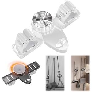 Broom Holder Mop Hanger Wall Mount, No Drill Suction Cup Mop and Broom Organizer with Hooks, Space Saving Adjustable Rack Removable Mop Clip for Bathroom, Kitchen, Garage, Laundry Room (White), Set of 2