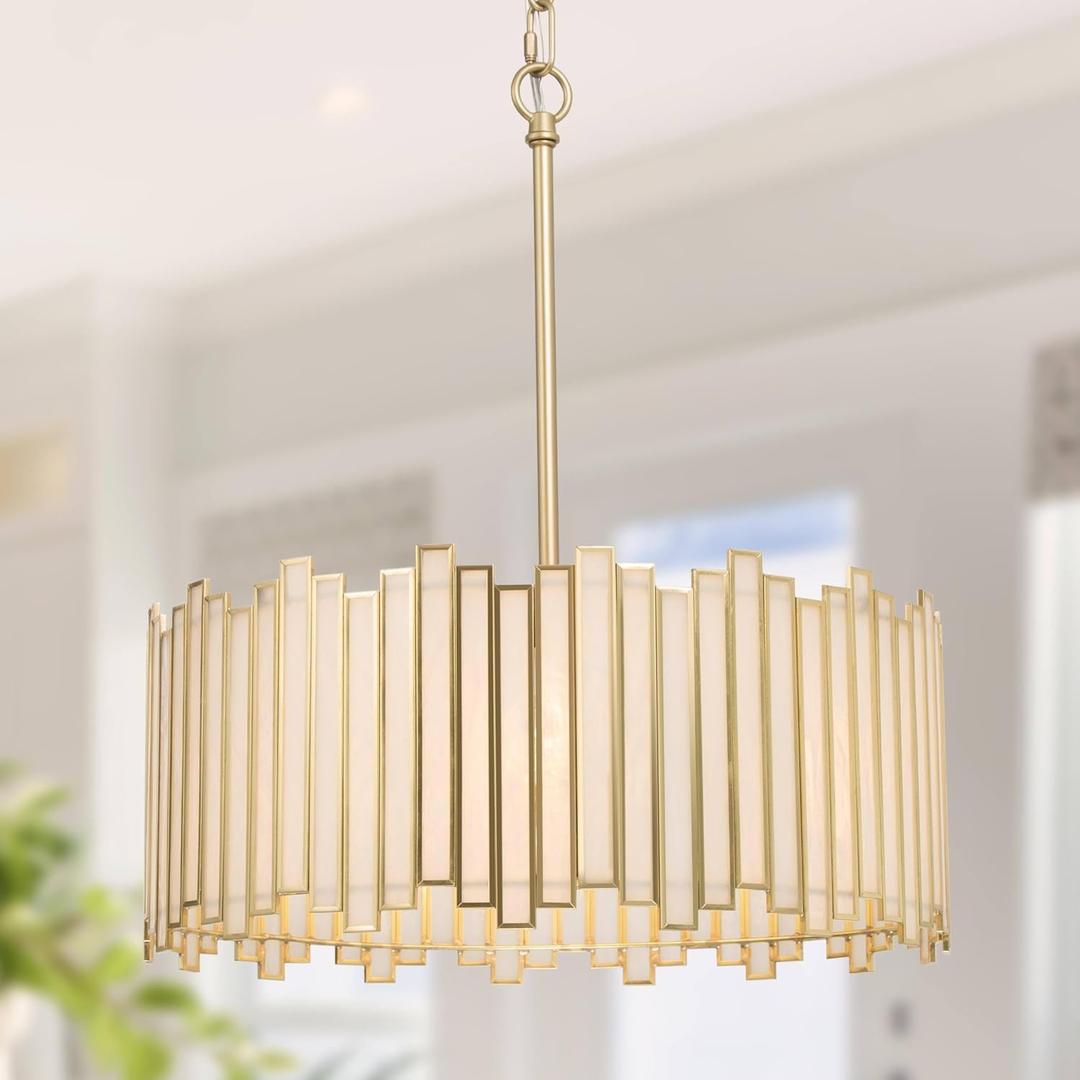 KSANA Gold Drum Chandelier, Modern Drum Pendant Light Fixture with Cream Glass Shade for Dining & Living Room, Bedroom, Foyer and Kitchen