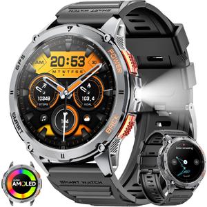 Military Smart Watches for Men with GPS, 1.43" AMOLED Bluetooth Call Smartwatch with LED Flashlight, Smart Watch for Android iOS, IP68 Waterproof Fitness Tracker with Heart Rate (Black)