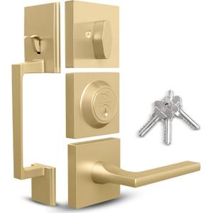 Mega Handles - TOBELLE Gold Entry Door Handleset - Single Cylinder Handleset with Lever for Entrance and Front Doors - Modern Door Handles for Left and Right-Handed Doors - Straight Handle (5 Inch - Exposed Screws, Satin Brass)