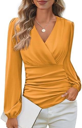 GRACE KARIN Long Sleeve Blouses for Women Dressy Casual, Wrap Tops Work Shirts, 2026 Spring Business Outfits, Size S, Mustard Yellow