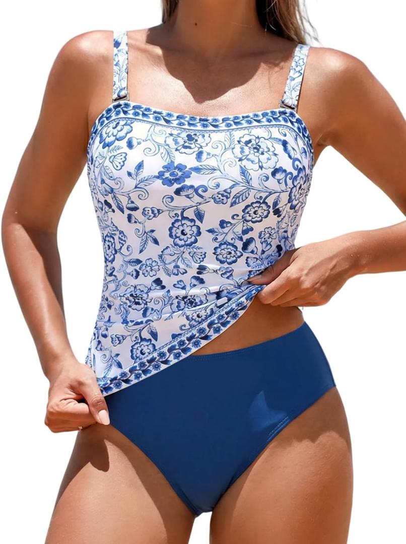 ZAFUL Women's Tummy Control Tankini Swimsuits Floral Print Two Piece High Waisted Bathing Suits Full Coverage Bikini Bottoms, S
