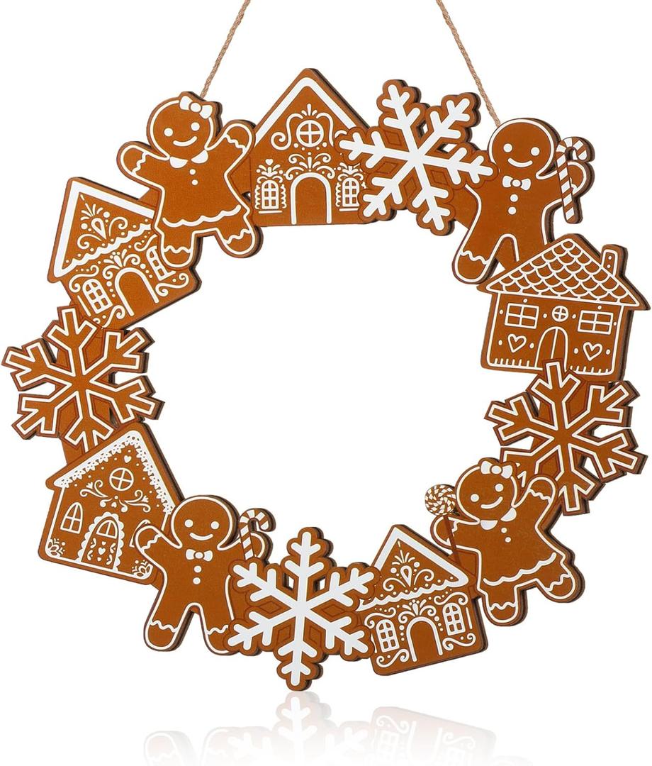 Jetec Christmas Gingerbread Wreath 11.8inch Christmas Front Door Decor Wooden Gingerbread Man and House Snowflakes Door Hanger Rustic Wall Decoration for Xmas Holiday Garden Yard Window