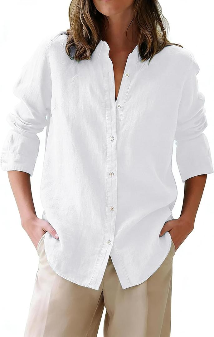 siliteelon Button Down Shirts for Women Oxford Shirt Cotton Dress Shirts Collared Long Sleeve Wrinkle Free Blouse Tops (White, XL)
