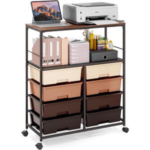 Rolling cart with 8 drawers,Storage drawer cart with wooden tabletop,Lockable wheels organizer for homeschool, arts & crafts, classroom, office & creative spaces (Brown)