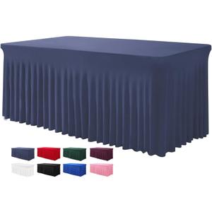 Table Skirts for Rectangle Tables 8ft - One-Piece Navy Blue Tablecloths and Skirt, Wrinkle Resistant Ruffles Elastic Cover for Banquets, Weddings, Events, Parties (96" x 30" (Rectangular))