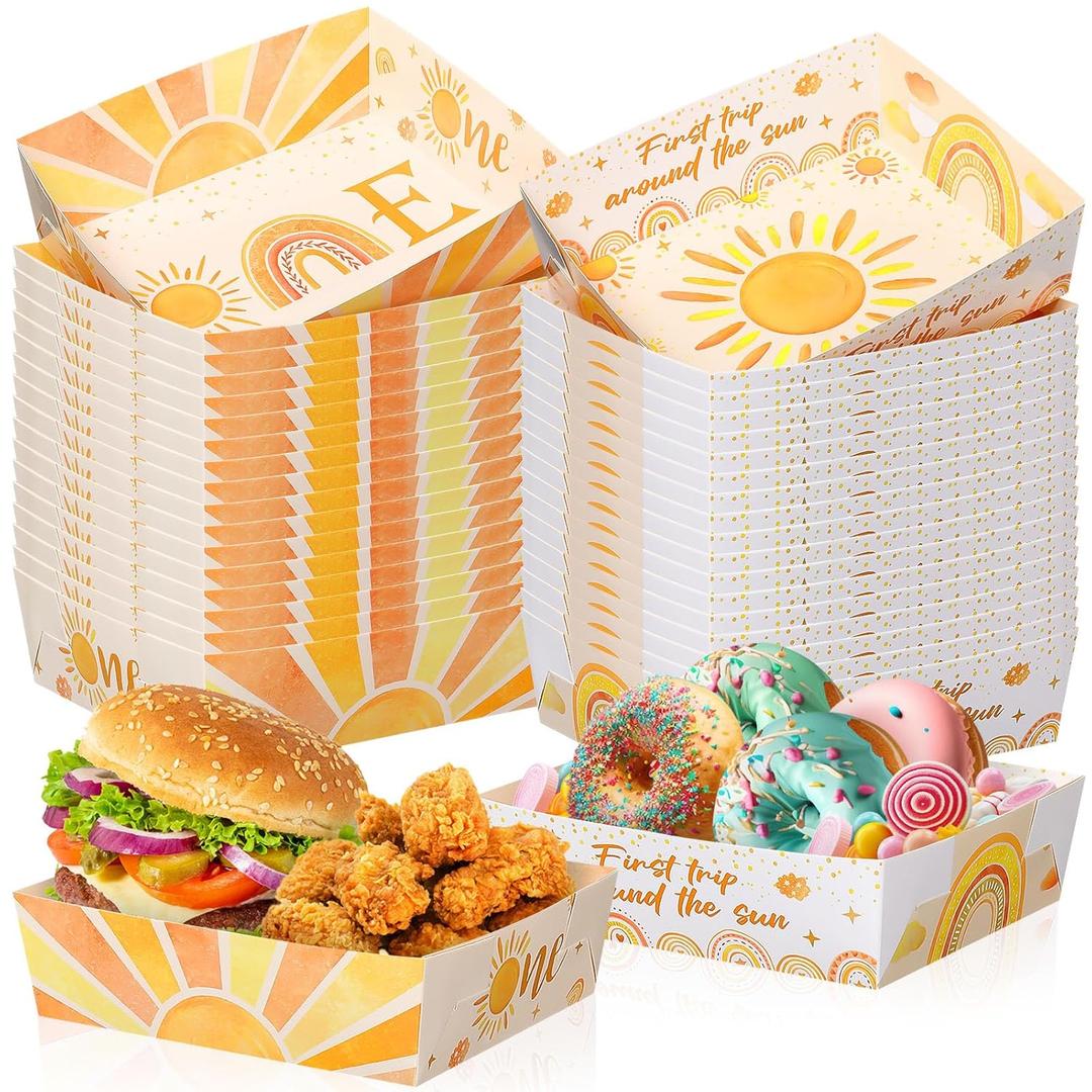 Blushtier 36 Pcs First Trip Around the Sun Party Supplies 5 lb Boho Sun Boats Large Paper Serving Trays for 1st Birthday Bohemian Hippie Sunshine Party Baby Shower