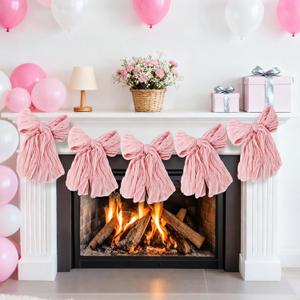 1Pcs Pink Bow Garland Banner for Coquette Birthday Decorations, 5Ft Pre-Strung Bow Swirl Garland, Hanging Bow Decoration for Girls, Baby Shower, Table Decor, Wedding, Bachelorette, Bridal Shower