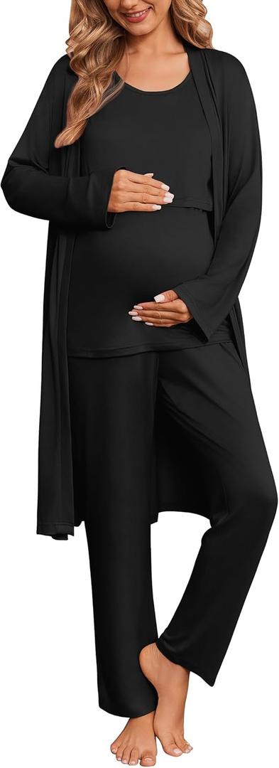 Ekouaer Nursing Pajamas Maternity Robe Set 3 Pieces Postpartum Maternity Pajama Set Pregnancy Breastfeeding Pj (Large, Black)