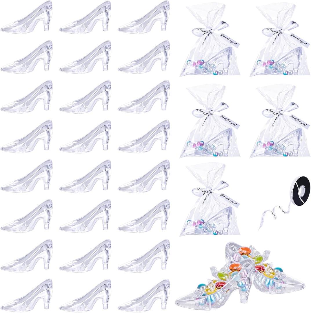 Yaomiao 80 Pcs Mini Crystal Princess Slippers Plastic High Heel Shoe Decoration,100 Clear Pockets with Letter Ribbon, Candy Gift Supplies for Party Wedding Birthday Table Serving Decorations, 3.74''