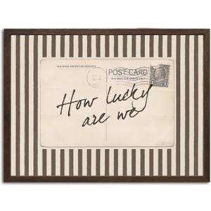 How Lucky Are We Wall Art Vintage Striped Letter Postcard Wall Decor Picture Trendy Preppy Inspirational Quote Poster Canvas Painting Print for Living Room Bedroom 16x24 inch Walnut Wood Framed