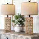 OYEARS 22.5" Boho Table Lamps Set of 2 for Living Room, Bedside Lamp for Nightstands, Rattan Lamp for Bedroom, Farmhouse Table Lamp for Room Decor, End Table, Retro, Brown