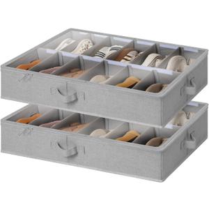 StorageWorks Shoe Organizer for Closet, Fits up to 24 Pairs, 2-Pack Ultra-thick Fabric Under Bed Shoe Storage Containers with Bottom Support and Adjustable Dividers, Grey