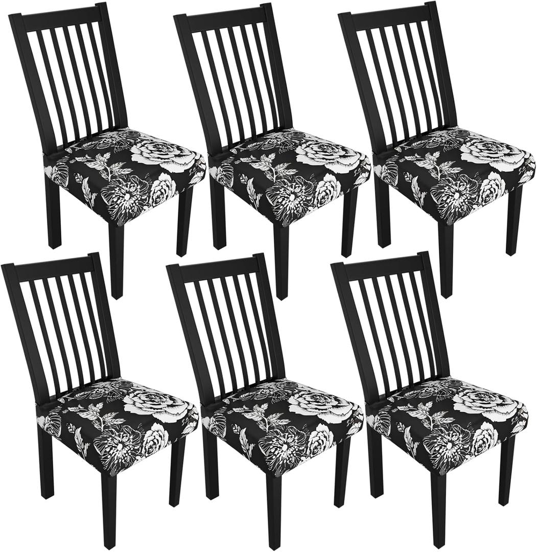 Stretch Dining Chair Seat Covers Set of 6,Dining Chair Slipcovers, Floral Printed Chair Covers,Soft Fabric Washable Upholstered Chair Seat Protector, No Rear Covers for Home Kitchen Dining Room (Black Base White Rose)