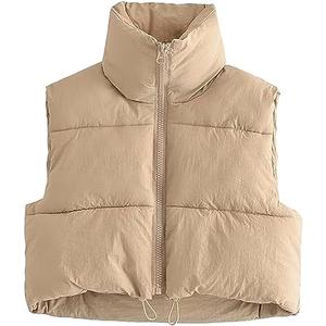 Shiyifa Women's Fashion High Neck Zipper Cropped Puffer Vest Jacket Coat (Beige, X-Large)