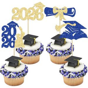 Gyufise 36Pcs 2026 Graduation Theme Cupcake Toppers Glitter Congrats Grad 2026 Diploma Graduation Cap Cupcake Picks for Class of 2026 Theme Party Decorations Supplies Blue Gold