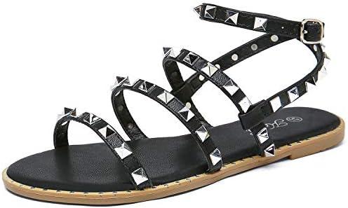 katliu Women's Flat Sandals Strappy Studded Sandals Gladiator Sandals with Ankle Strap, Size 8.5