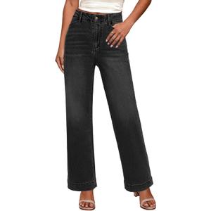 GRAPENT Wide Leg Jeans Woman High Waisted Trendy Stretchy Denim Pants Classic Trouser Jeans with Slash Pockets (Large, Washed Black)