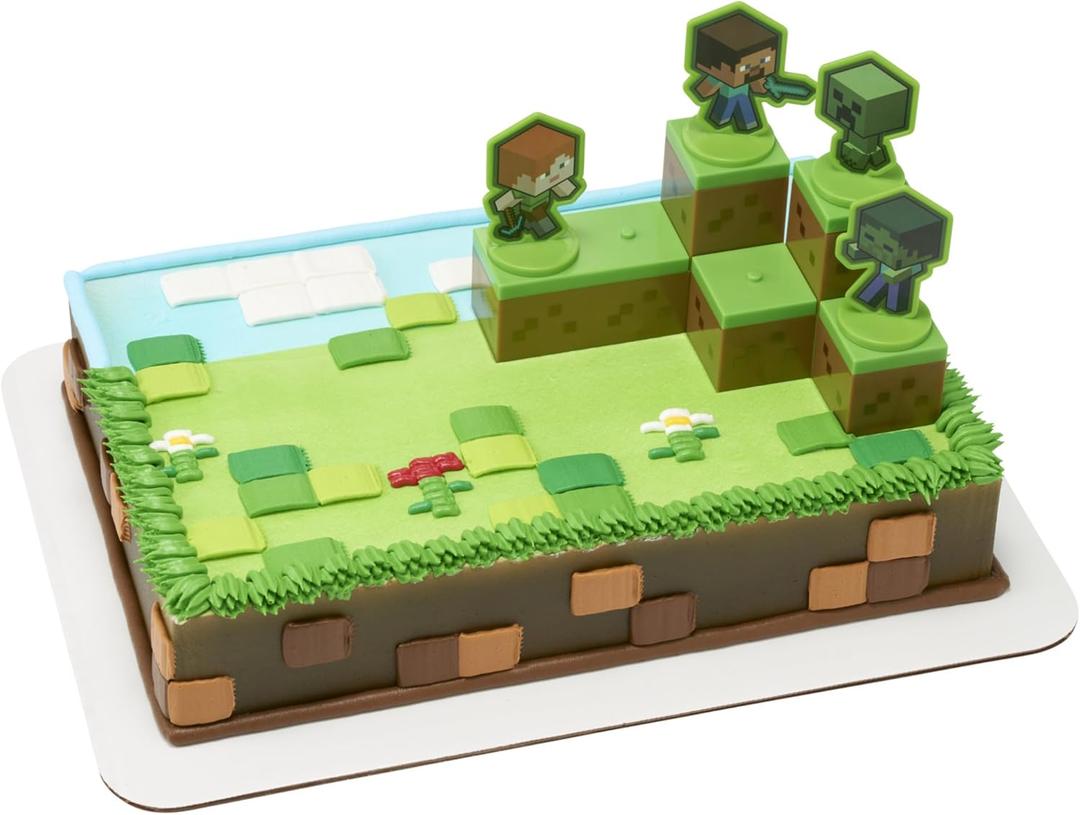 DecoSet Mobs Beware Minecraft Cake Topper, 6-Piece Stackable Cake Decoration, Interlocking 3D Blocks With Characters, Food Safe Birthday Cake Decoration