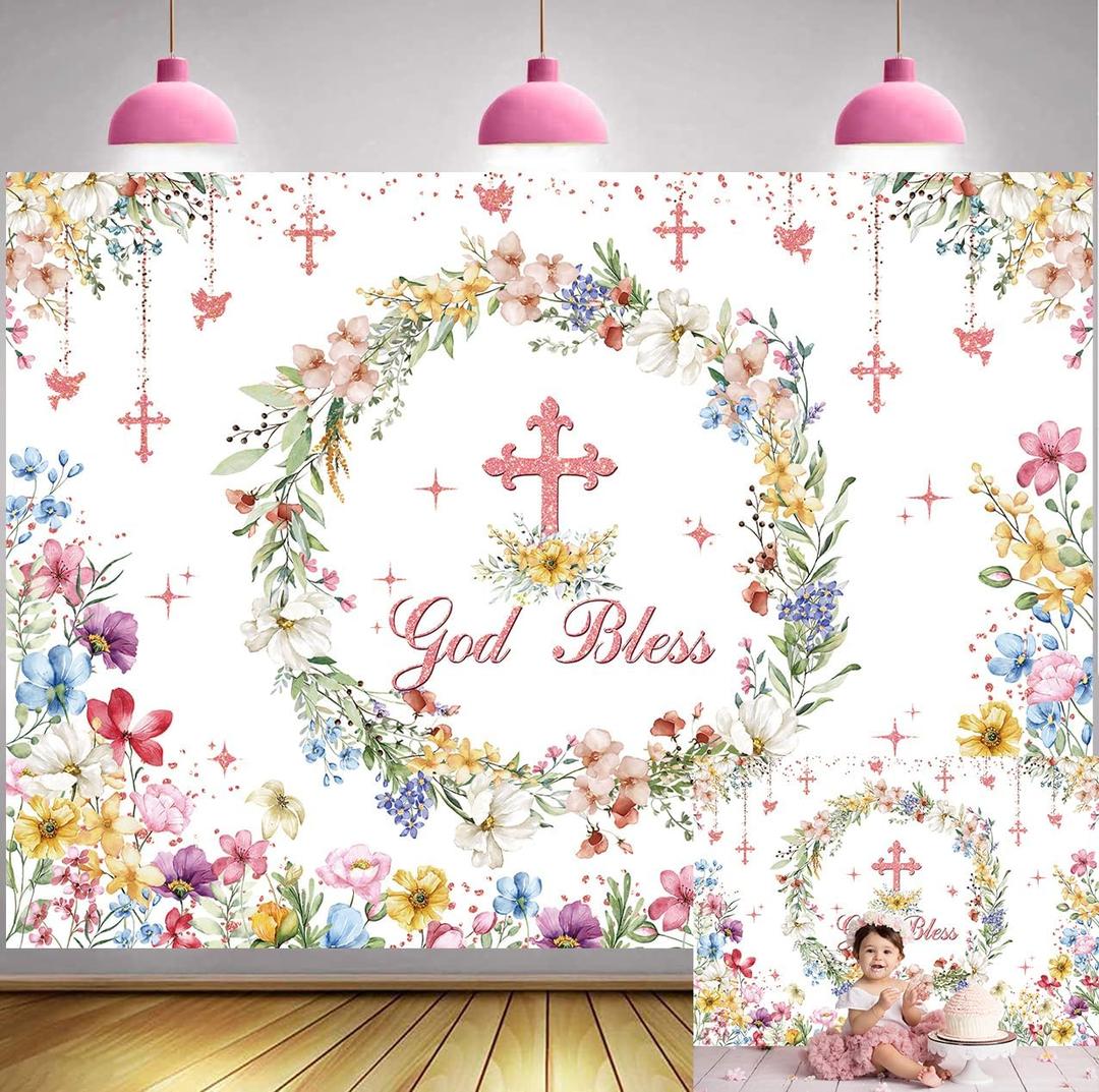 God Bless Backdrop 7x5FT Pink Cross Colorful Flowers First Holy Communion Party Decorations Ceremony Newborn Baby Shower Photography Background Decor Supplies