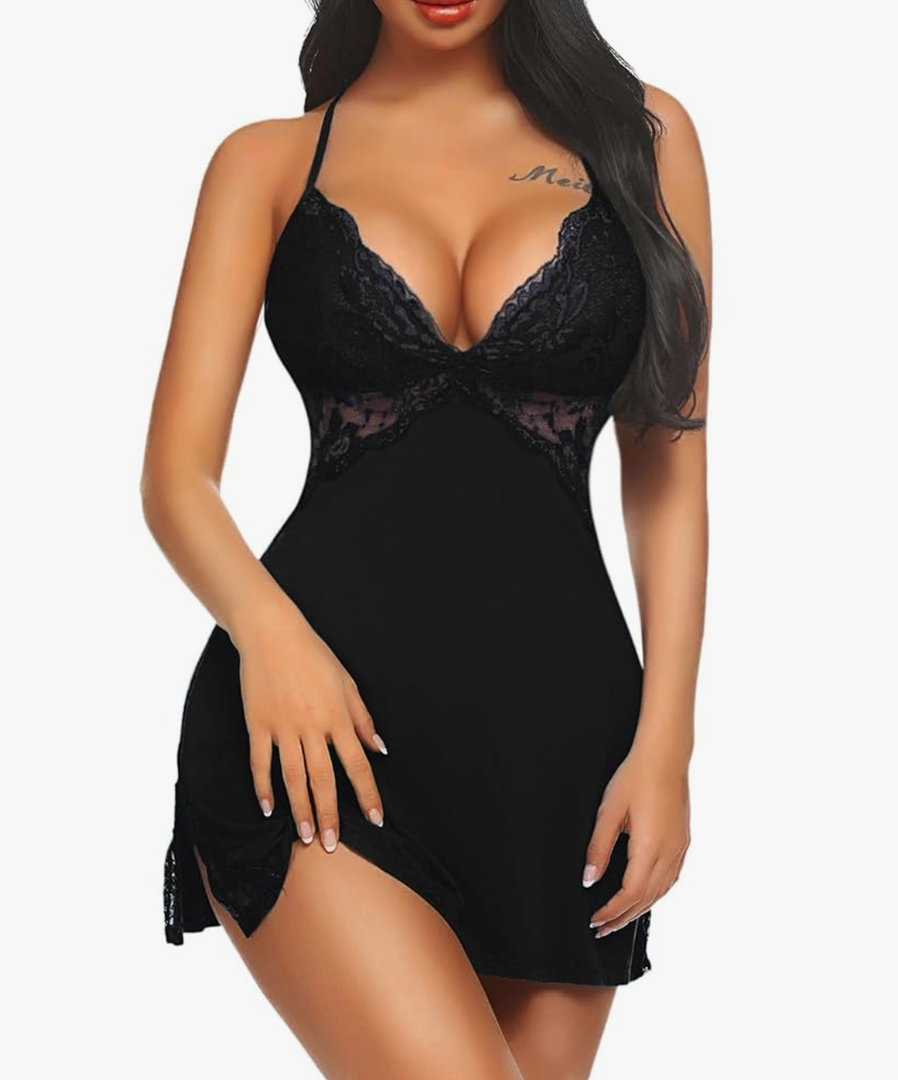 Avidlove Women Lingerie Lace Chemise Sleepwear Babydoll Teddy Lingerie, M, Black