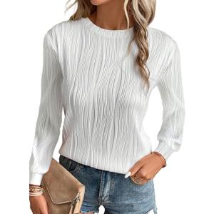 EVALESS Womens Tops Trendy Dressy Casual Long Sleeve Crewneck Basic T Shirts Solid Loose Textured Blouses Outfits (Medium)