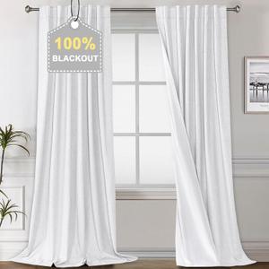H.VERSAILTEX White Blackout Curtains 96 Inches Long, 100% Black Out Curtains Faux Linen Thermal Insulated Room Darkening Drapes for Bedroom, Nursery, Living Room - Pure White W52xL96, 2 Panels