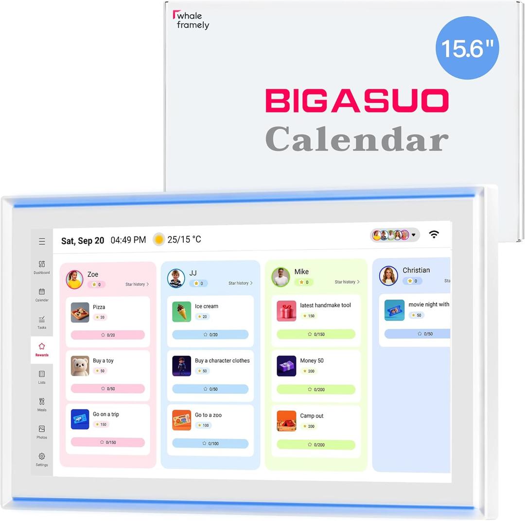 15.6 Inch Family Digital Calendar - Chore Chart, Meal Planner, Photo Display, FHD Interactive Touchscreen with LED Reminder, Wall & Desk Mount Smart Electronic Planner (White)