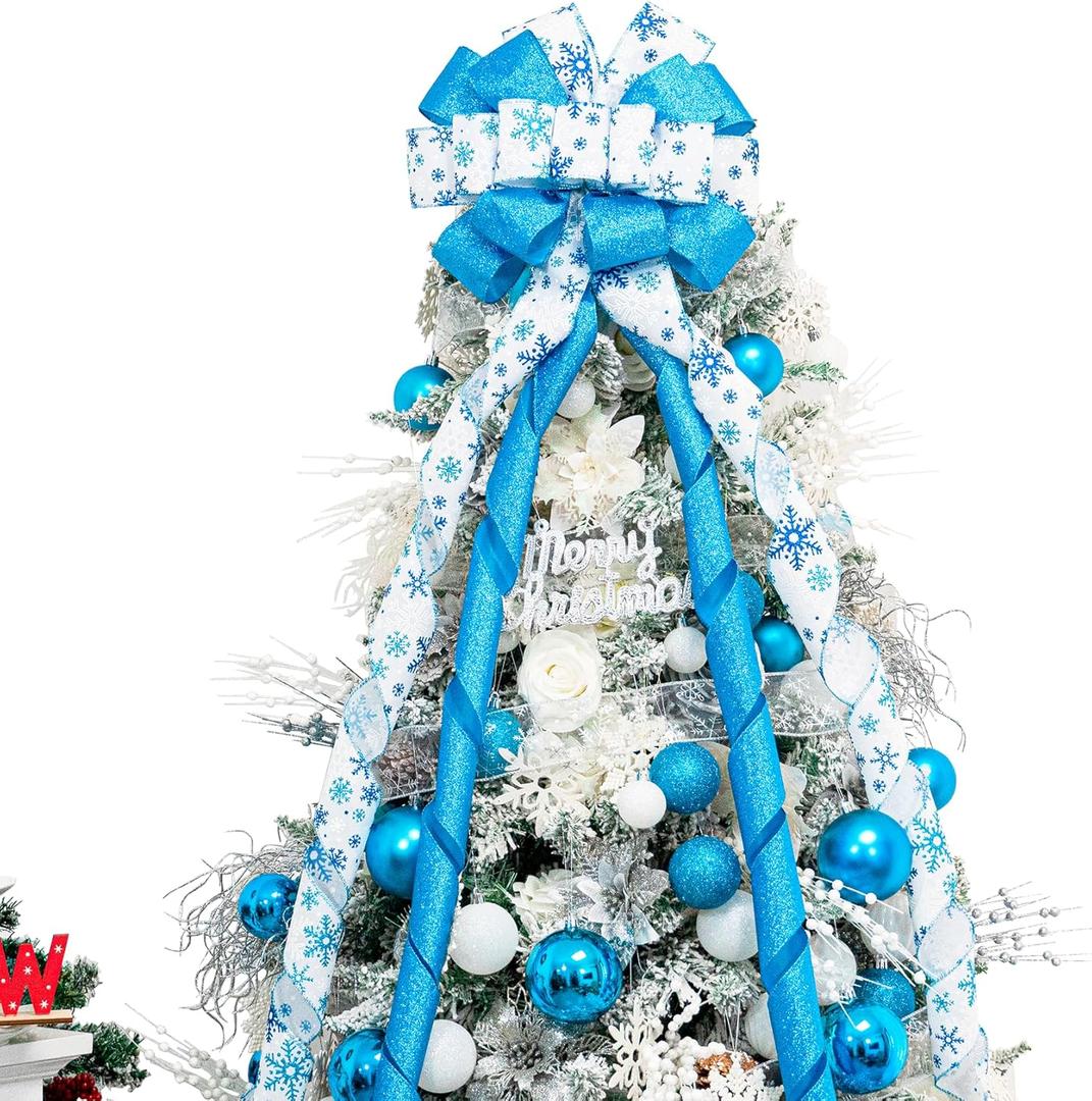 Christmas Tree Topper Bow53x13 Inches Large Christmas Bow with Glitter Streamer and Patterned RibbonDecorative Bows for Xmas Tree Wreath Door Festival Home Decor(Blue & White Snowflake)