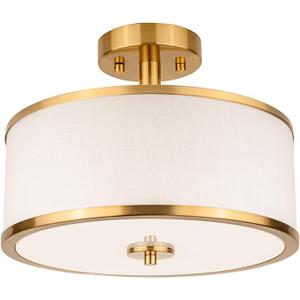 Edwarmlux 3Light Flush Mount Ceiling Light Fixture, 12.6" Drum Light with White Fabric Shade, Modern Close to Ceiling Light for Living Room Bedroom Dining Room Kitchen Hallway Entry (Brushed Gold)