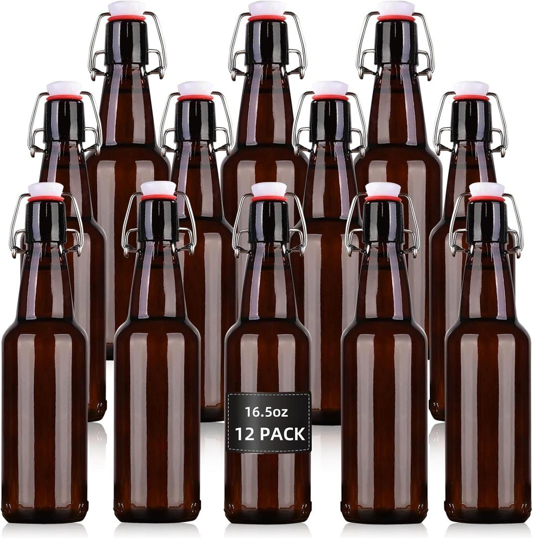 16.5 oz 12 Pack Amber Swing Top Glass Bottles for Airtight Lids, Home Brewing and Fermentation Kombucha, Vanilla Extract, Beverage, Water, Kefir