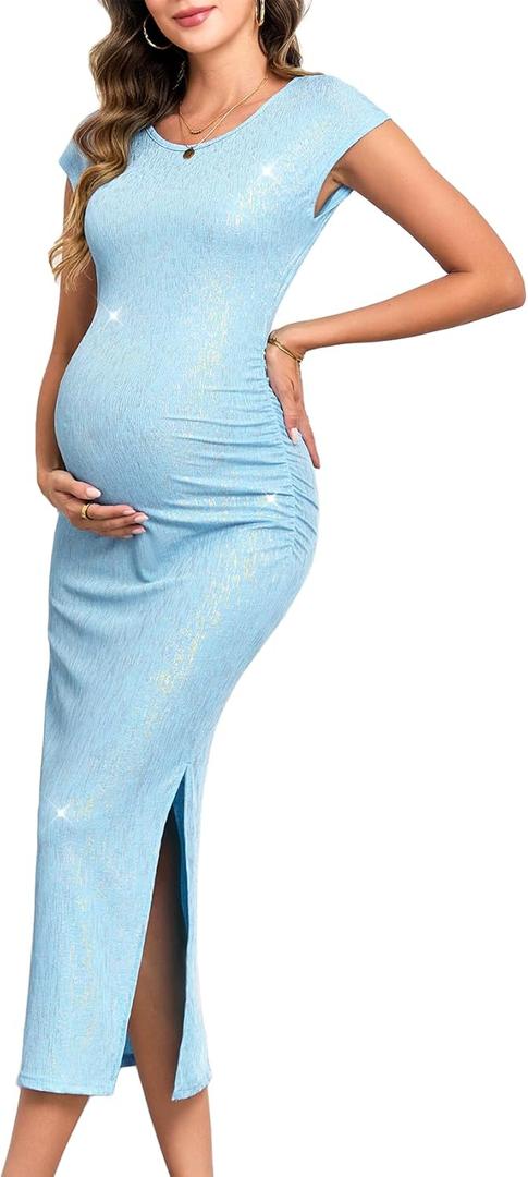 Women's Split Maternity Dress Fine Ribbed with Sparkly Gold Foil, Bodycon Ruched Pregnancy Dresses Baby Shower (XL)