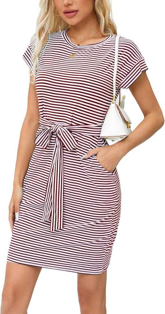 Women's Summer Casual T Shirt Dresses Tie Waist Business Causal Outfits (XL)