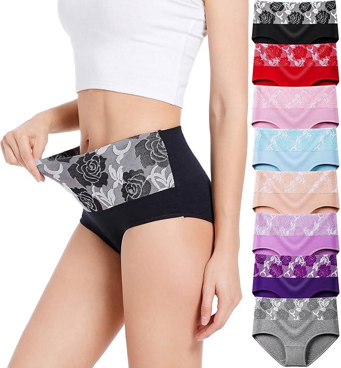 HAVVIS Women's Briefs Underwear Cotton High Waist Tummy Control Panties Rose Jacquard Ladies Panty Multipack 4XL