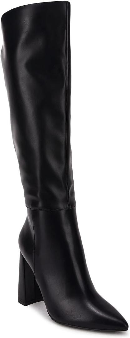 Juliet Holy Womens Pointed Toe Knee-high Boot Wide Calf Chunky Block Side Zipper Go-go Boots (7, Black)