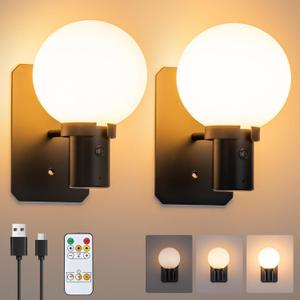 Black LED Wall Sconces Set of Two Round Wall Lamp with Remote Dimmable 2700K Cordless Lamp USB Rechargeable Night Light Desk Lamp for Bedroom Living Room Dining Room