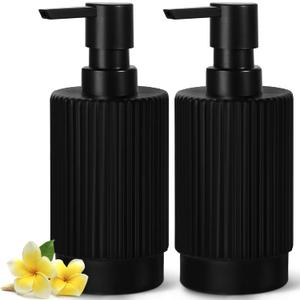 Hand and Dish Soap Dispenser Set for Kitchen, 2 Pack 11 fl oz Matte Black Ribbed Glass Soap and Lotion Dispensers Sets with Pump for Bathroom, Modern Refillable Liquid Soap Pump Bottle