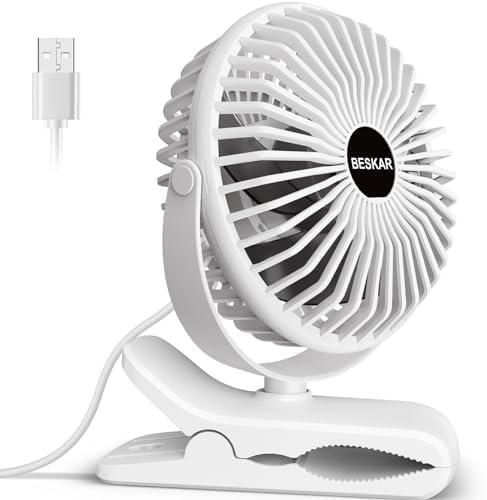 BESKAR Clip on Fan, 360° Rotation Quiet Stroller Fans with Strong Airflow,3 Speeds, Portable Small Fans with Sturdy Clamp,Perfect Personal Cooling Fan for Office Table Bedroom Kitchen