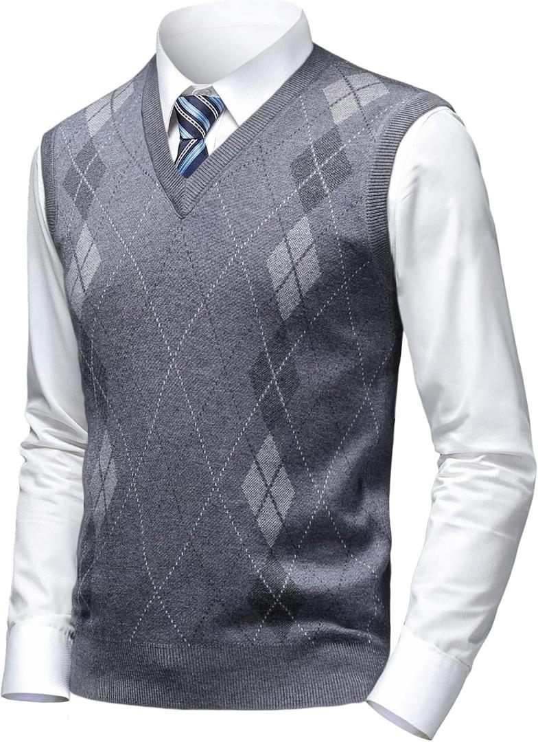 Mens Argyle Sweater Vests Classic V-Neck Sleeveless Pullover Grey Black Knitwear Nice Tank Tops for Dad Husband (XX-Large)