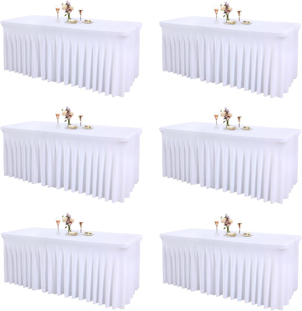 6 Packs White Tableclothes for 8 Foot Rectangle Tables, Wrinkle Resistant Fitted Table Cloth Stretch Spandex Table Covers with Skirt for Event Banquet Wedding Birthday Party, 96" x 30"