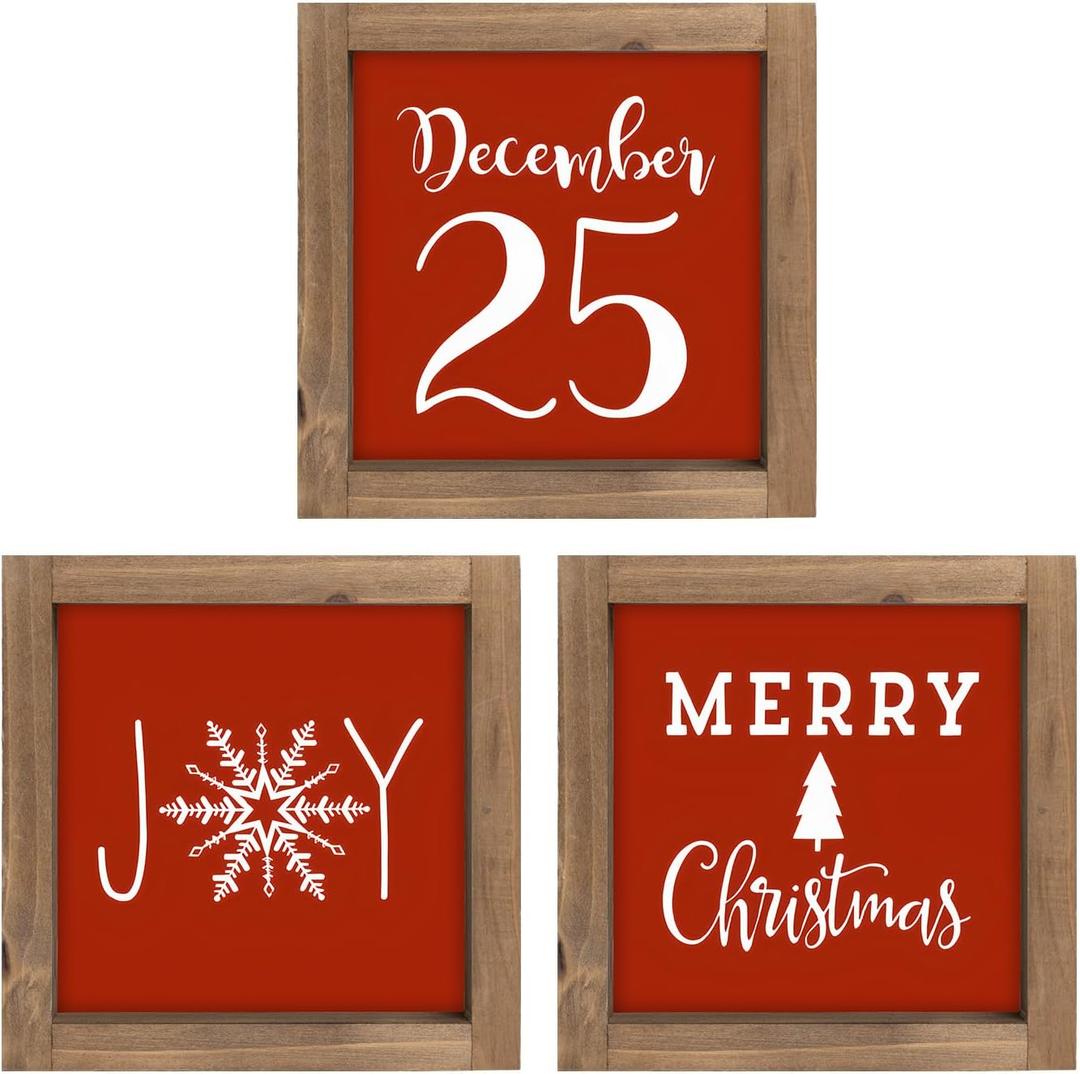 pechpell 3 Pcs Christmas Wooden Sign, Merry Christmas Joy Wall Decor, Indoor Red Holiday Decorative Signage Wood Plaques Wall Art Table Top Shelf Desk Tiered Tray Rustic Farmhouse Decorations for Home
