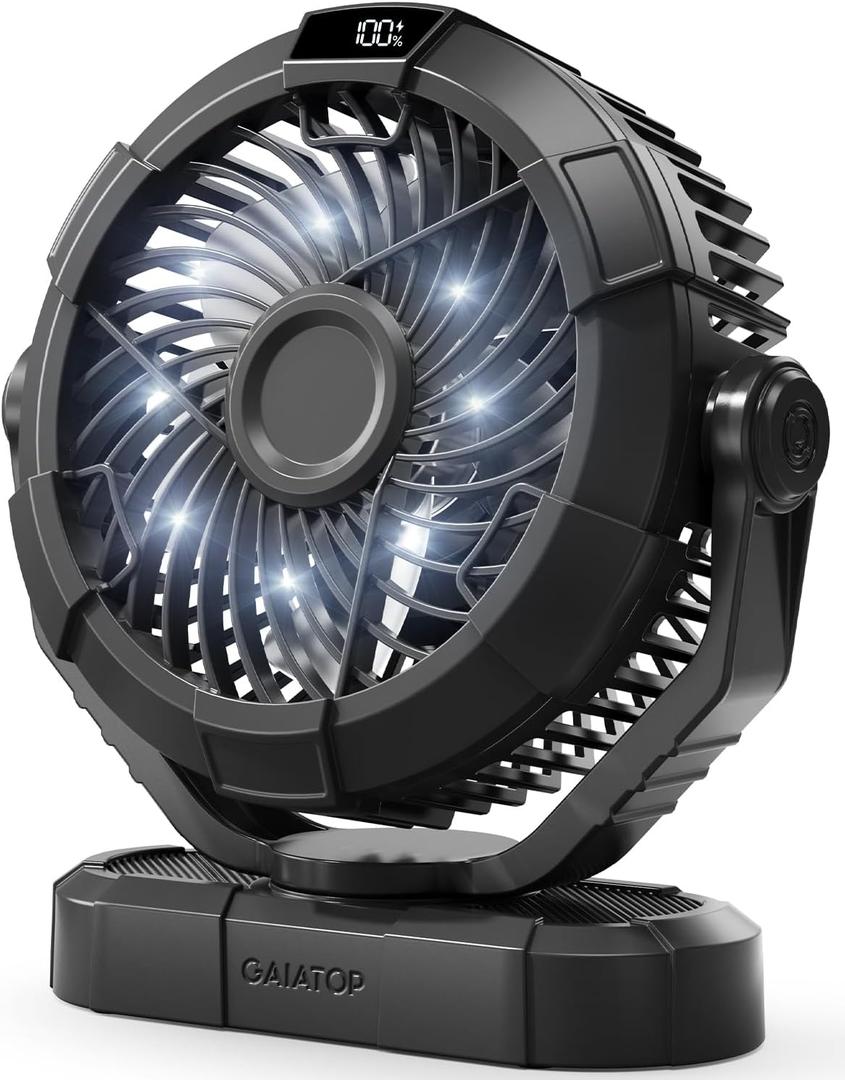 Gaiatop Portable Camping Fan with LED Lantern, Power Display 360 Head Rotation, Hanging Hook for Tent, 3 Speed Quiet Rechargeable, 4000mAh Battery Operated USB Fans for Indoor Outdoor Travel Black