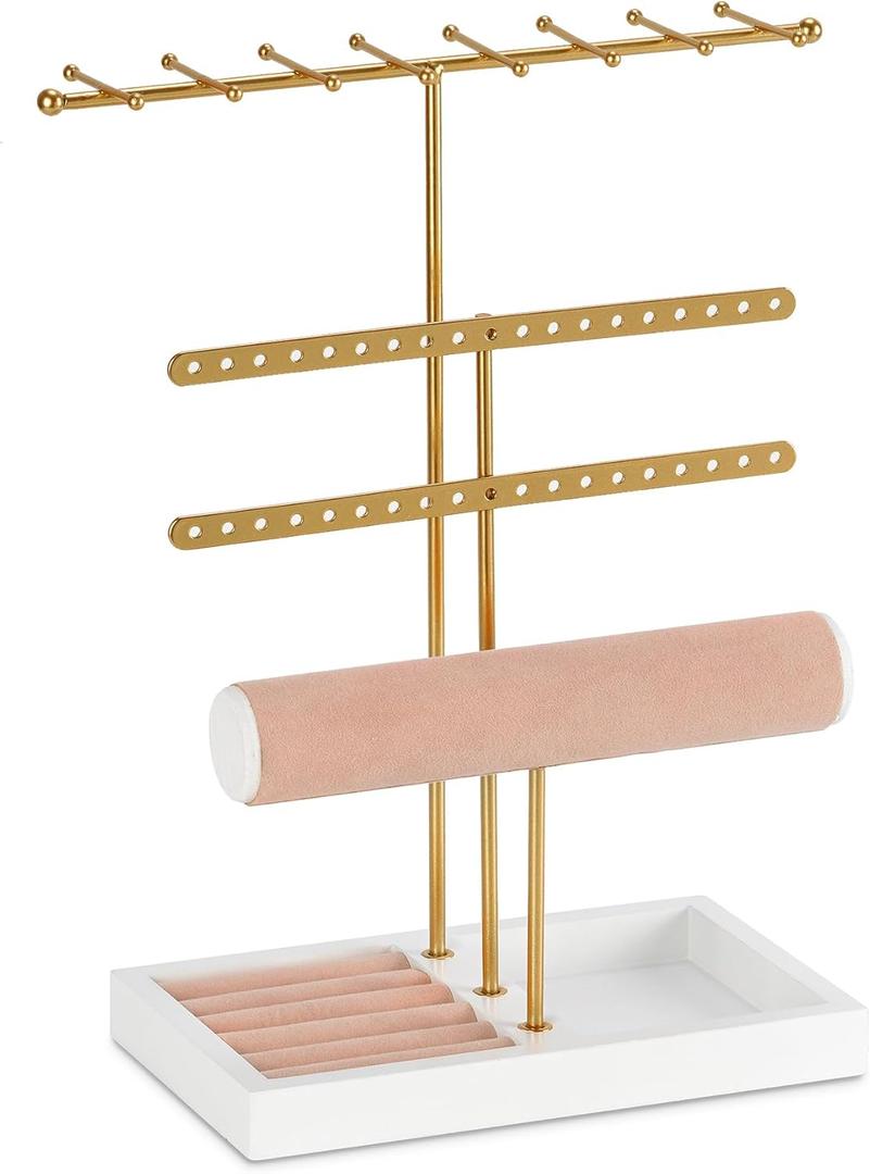 Jewelry Holder Organizer 4-Tier Gold Jewelry Stand with Necklace Organizer Earring Bracelet Holder Ring Box,Hanger for Display and Storage, Room Decor,Gift for Women