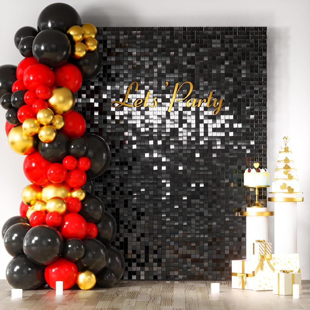 COKAOBE Black Shimmer Wall Backdrop, 24PCS Square Sequin Shimmer Backdrop Panel, Photo Backdrops for Birthday, Anniversary, Wedding, Graduation & Bachelorette Party Decoration